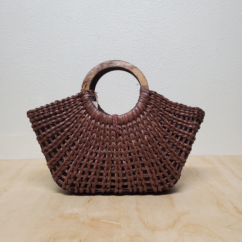 Brown Summer Beach Vacation  Raffia Woven Circle Handles Hand Purse - Picture 3 of 7